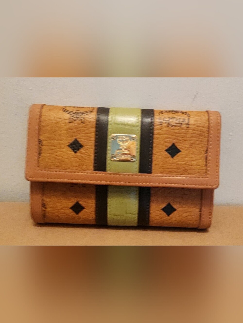 MCM Congnac and Green Signature Trifold Monogram Leather Wallet With Box